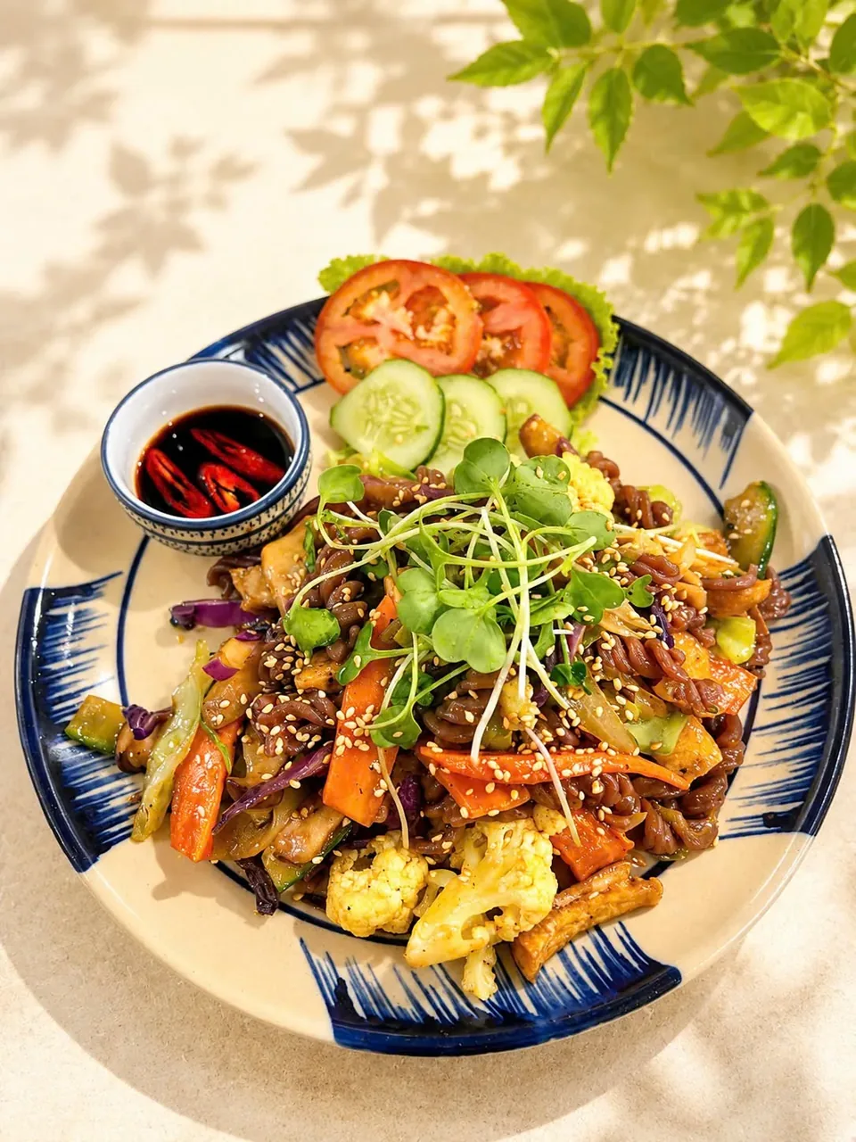 Stir-fried pasta with vegetables & tofu