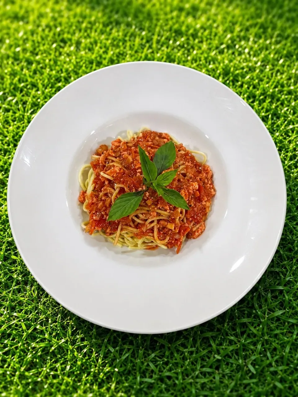 Vegan spaghetti with tofu bolognese